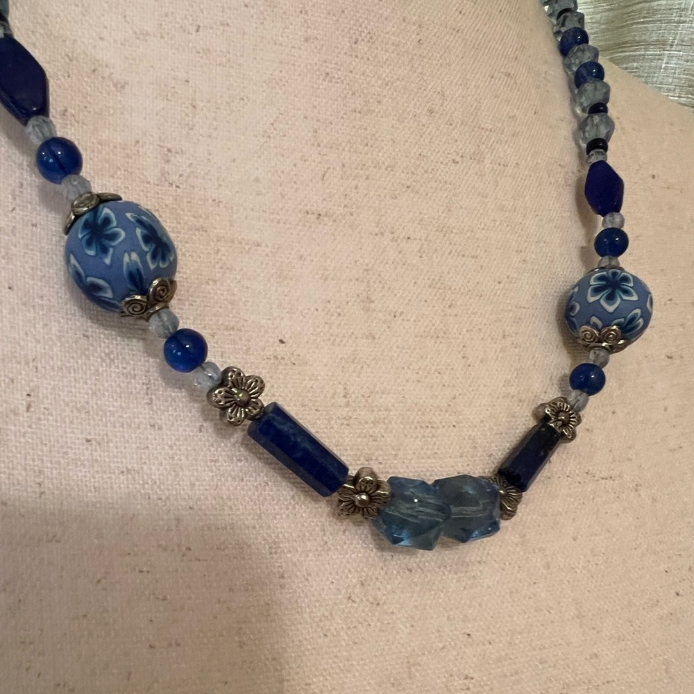 Blue Floral Bead Necklace with Lapis Lazuli and Glass Beads - Picture 2 of 7